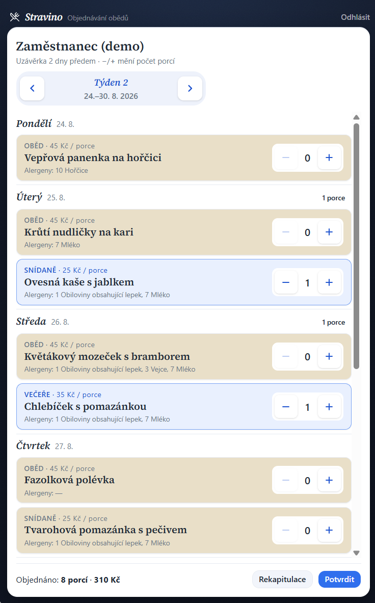 Objednávání obědů — týdenní jídelníček s výběrem porcí a alergeny